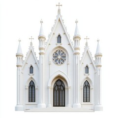 Fototapeta premium Elaborate cathedral-style church with flying buttresses and rose window in classic Gothic design isolated on white background 