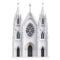 Obraz premium Elaborate cathedral-style church with flying buttresses and rose window in classic Gothic design isolated on white background 
