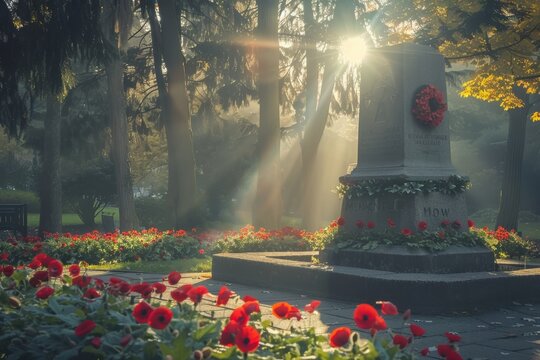 Remembrance Day Ceremony in Park with Poppy Wreaths and Stone War Memorial at Sunrise