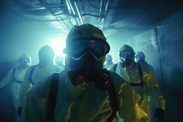 A group of men in hazmat suits and gas masks, walking through an underground laboratory with blue light emanating from the ceiling.