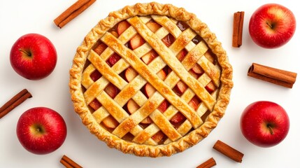 Freshly baked apple pie with lattice crust surrounded by cinnamon sticks and red apples isolated on white background warm autumn treat farmhouse style 