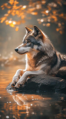 Obraz premium Wolf an iconic apex predator, embodies both grace and ferocity. With its sleek fur, keen senses, and haunting howl, the wolf roams the forests and plains in packs, displaying remarkable. 
