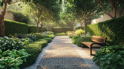 Obraz premium Secluded garden with benches and tall hedges generated AI