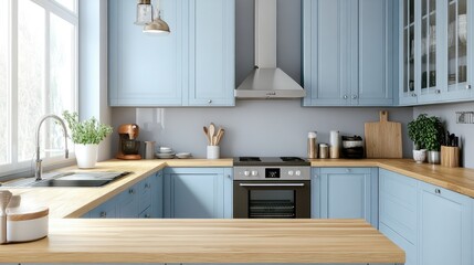 Fototapeta premium A kitchen featuring light blue cabinets with natural wood countertops and silver hardware