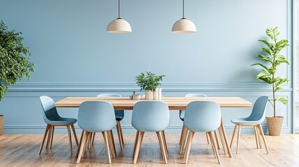 Obraz premium A light blue and wood combination in a dining room, with a wooden table and light blue chairs
