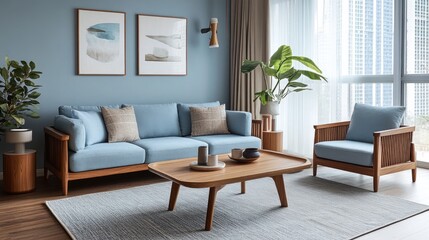 A light blue and wood combination in a modern living room, with a wooden coffee table and light blue couch