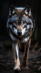 Fototapeta premium Wolf an iconic apex predator, embodies both grace and ferocity. With its sleek fur, keen senses, and haunting howl, the wolf roams the forests and plains in packs, displaying remarkable. 