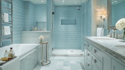 A luxurious bathroom featuring light blue tiles and silver fixtures, creating a spa-like atmosphere