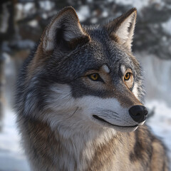 Obraz premium Wolf an iconic apex predator, embodies both grace and ferocity. With its sleek fur, keen senses, and haunting howl, the wolf roams the forests and plains in packs, displaying remarkable. 