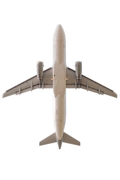 Airplane in flight photographed from below, isolated