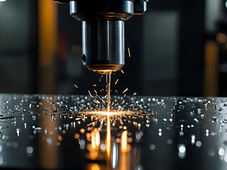 Close-up of a drill bit cutting through metal, sparks flying off.