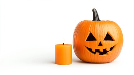 Jack-o-lantern with a wicked smile next to a flickering candle isolated on white background glowing orange for Halloween designs 