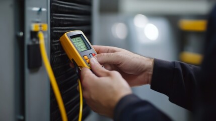 close up hand of A technician is using a multimeter to check an air conditioning system.