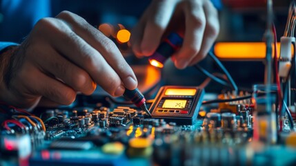 close up hand of A technician is using a multimeter to check an electronics system.