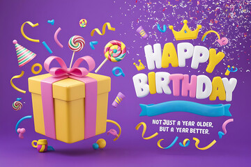 Happy birthday greeting card. Birthday celebration template, poster, banner. Colorful birthday gift card. Happy birthday typography illustration. candles, gift boxes, confiettes