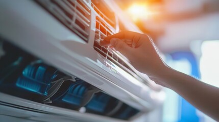 close up hand of A technician check an air conditioning system.