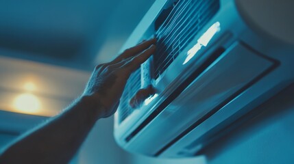 close up hand of A technician check an air conditioning system.