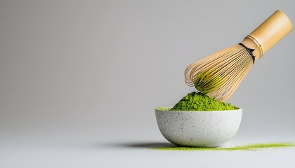 Close-up of a matcha whisk and bowl, artisanal tea tools, clean modern photography, soft lighting, isolated on white background