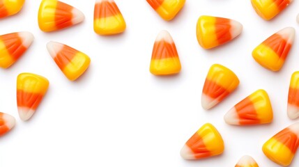Orange candy corn in a scattered arrangement isolated on white background bright and festive with classic Halloween colors 