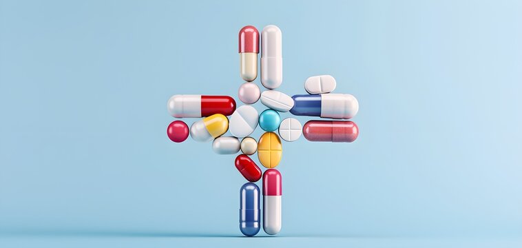 Colorful pills arranged in cross shape, healthcare symbol, minimalist design, 3D illustration