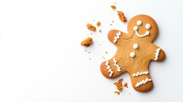 Overhead shot of broken gingerbread man cookie with crumbs scattered, isolated on a white background, conveying imperfection or holiday mishap 