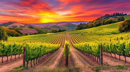 Fototapeta premium Sunset over a vineyard with rows of grapevines generated AI