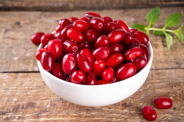 Cornelian cherry, dogwoods edible berry in white bowl