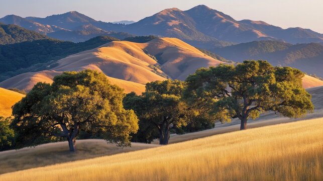 Sunset over rolling hills with golden fields and trees generated AI
