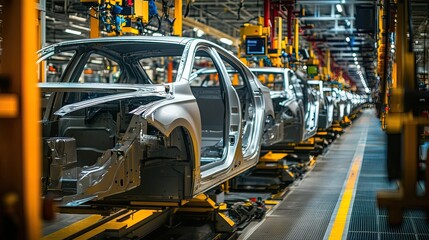An automotive industry assembly line, with cars being manufactured efficiently by machines and workers