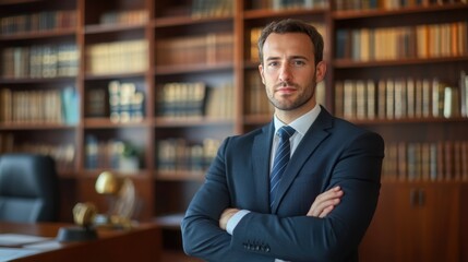 Fototapeta premium lawyer in a professional office setting, dressed in a suit, with a confident and authoritative demeanor