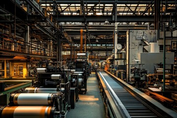 An industrial factory filled with machinery and conveyor belts, working at full capacity