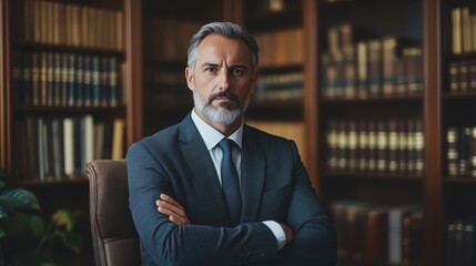  lawyer in a professional office setting, dressed in a suit, with a confident and authoritative demeanor