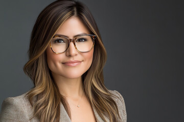 Fototapeta premium Professional Portrait of a Middle-Aged Hispanic Woman with a Warm Smile, Capturing Confidence and Elegance for Corporate and Business Profiles, Perfect for Leadership, Executive Roles