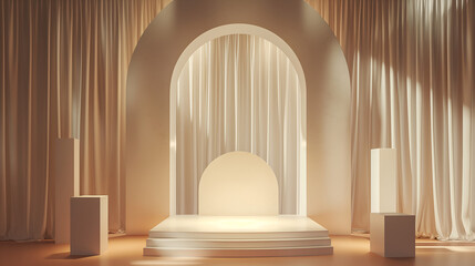 Minimalist White Archway Stage: A pristine backdrop for product displays or presentations, featuring an archway adorned with soft drapes and minimalist podiums.  The warm lighting and soft textures cr