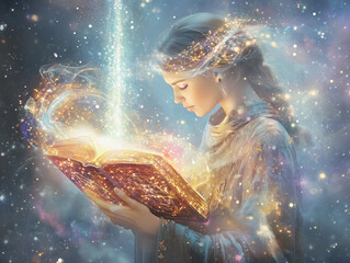 Akashic records,A priestess glowing with bright light stands beneath a pillar of radiant energy above her head, holding an ancient book made of light and energy adorned with glowing symbols.
