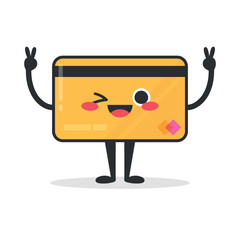 Cute cartoon credit card character. Plastic bank card mascot showing peace sign gesture and winking. Vector illustration