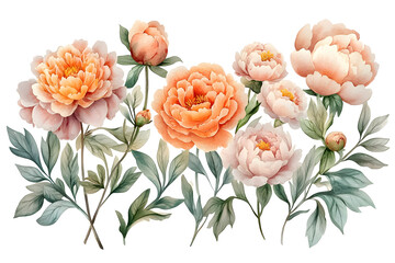 Fototapeta premium Set of Sweet pink peonies flower ,Watercolor collection of hand drawn flowers, Botanical plant illustration on white background.[Z-0001]