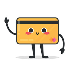 Cute cartoon credit card character is smiling. Bank credit card. Vector illustration