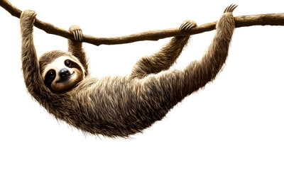 Fototapeta premium Sloth is swinging from a branch, cartoonist, transparent background