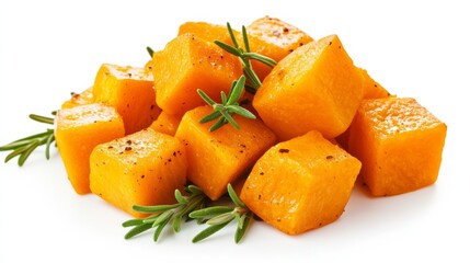 Roasted butternut squash cubes garnished with rosemary and thyme isolated on white background vibrant orange and green tones perfect autumn side dish 