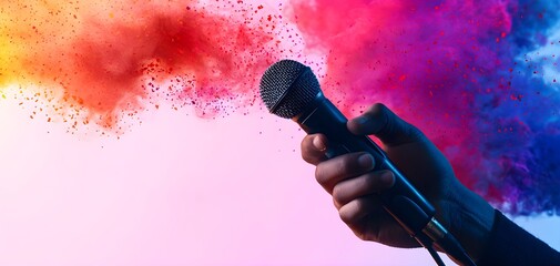 Microphone with artistic splashes, dynamic energy, creative expression, watercolor style
