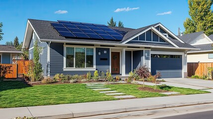 Modern House with Solar Panels on Roof and Lush Green Lawn