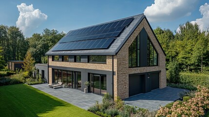 Obraz premium Modern brick house with solar panels and a patio overlooking a green lawn