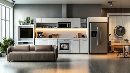 Fototapeta premium Modern Kitchen with White Cabinets, Stainless Steel Appliances, and a Brown Sofa