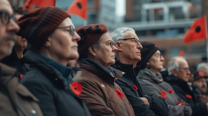 Remembrance Day Observance: Group Observing Moment of Silence with Poppies and Flags in City Square