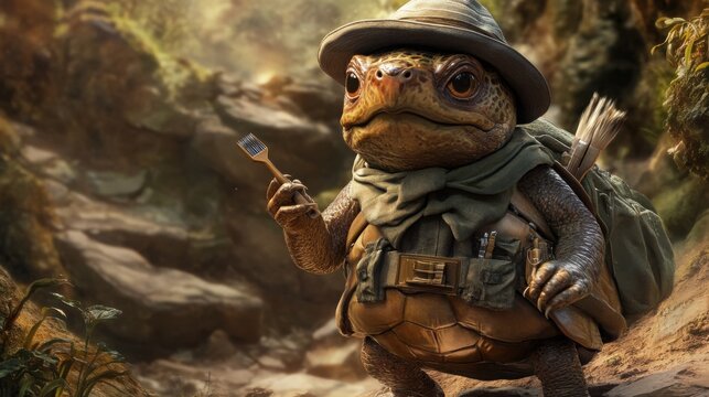  turtle dressed as an archaeologist, wearing a hat 