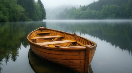 Obraz premium Wooden boat on a calm lake surrounded by trees generated AI