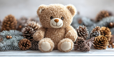a teddy bear sitting next to pine cones

