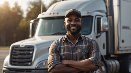 Portrait of confident truck driver wearing cap standing in front of big truck. Man working as delivery person. Transportation and logistics