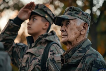 Fototapeta premium Veteran and Young Soldier Saluting at Armistice Day Ceremony in Front of War Monument